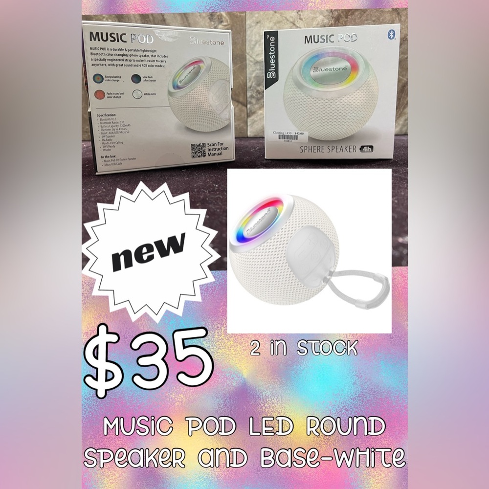 Music Pod LED Round Speaker and Base-White